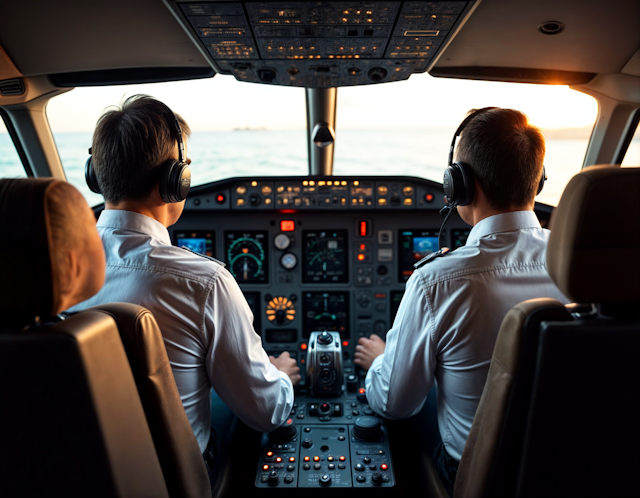 Pilots in Cockpit at Sunset