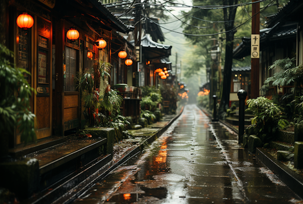 Rain-Kissed Lantern-Lit Alleyway in Historical East Asia