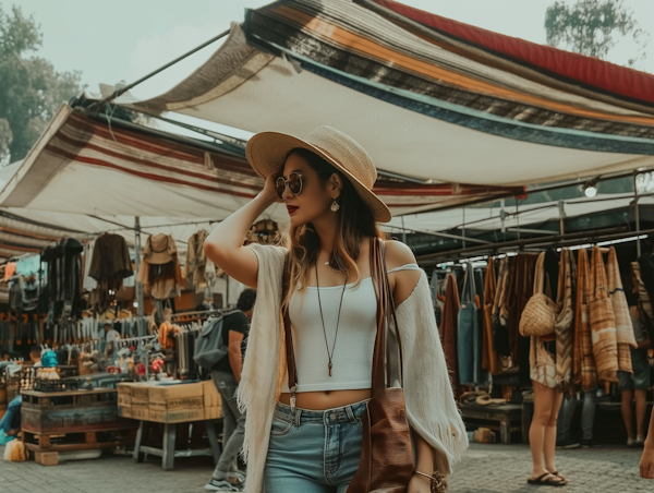 Stylish Young Woman at Outdoor Market