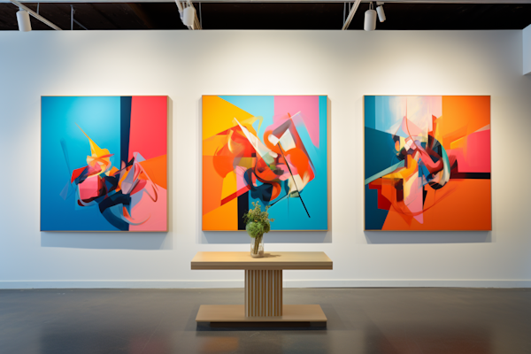 Vibrant Geometric Triptych in Contemporary Gallery