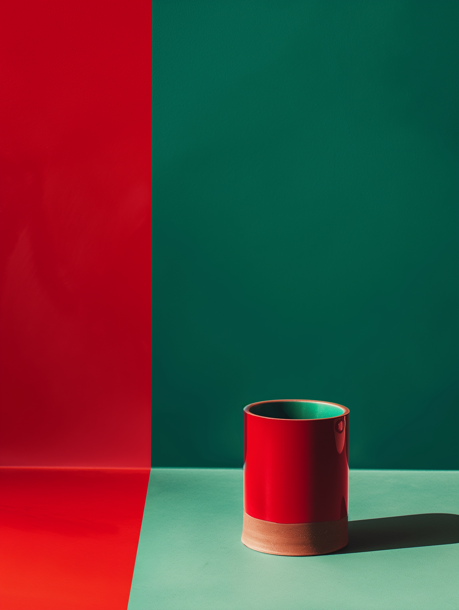 Minimalist Red and Green Background with Cup