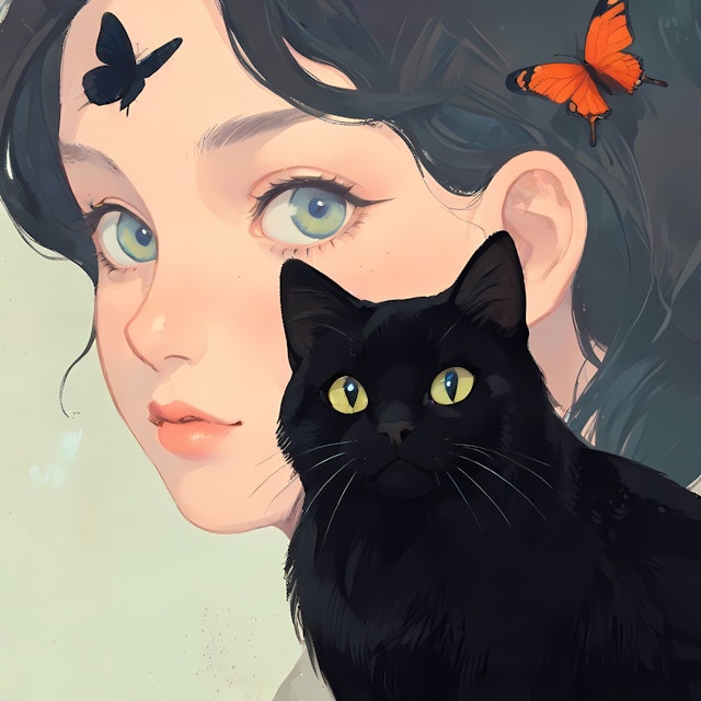 Mystical Portrait with Butterflies and Cat