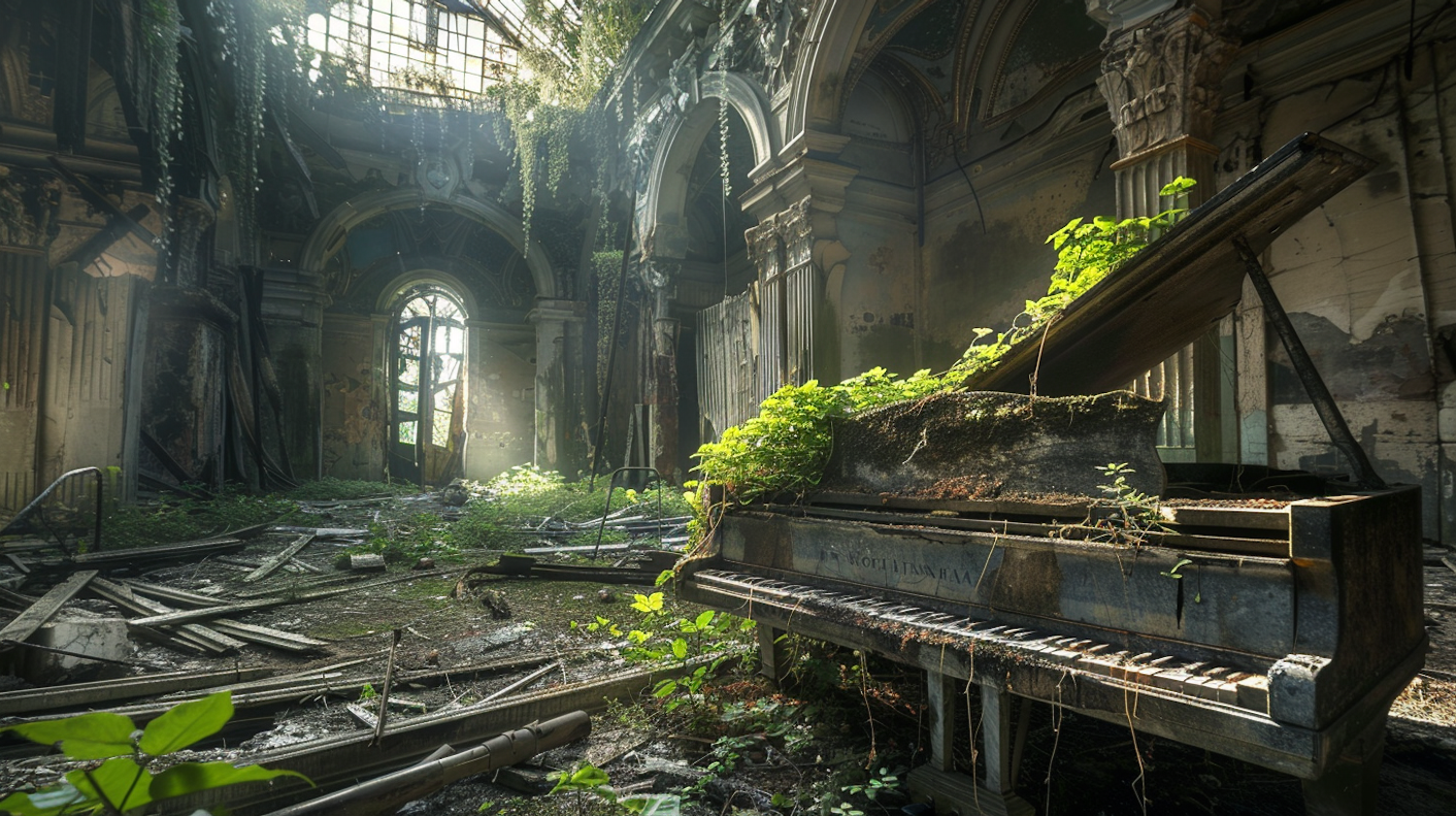 Abandoned Grand Hall with Decaying Piano