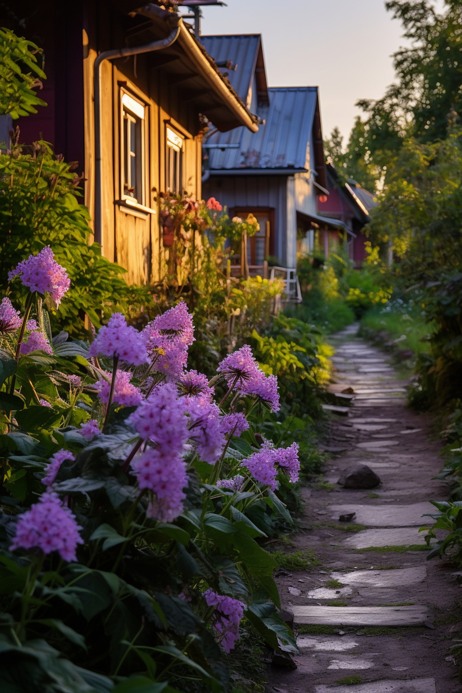 Twilight Serenity: Garden Path to Rustic Retreat