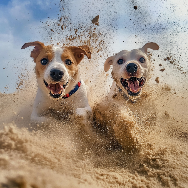 Energetic Dogs Running on Sand