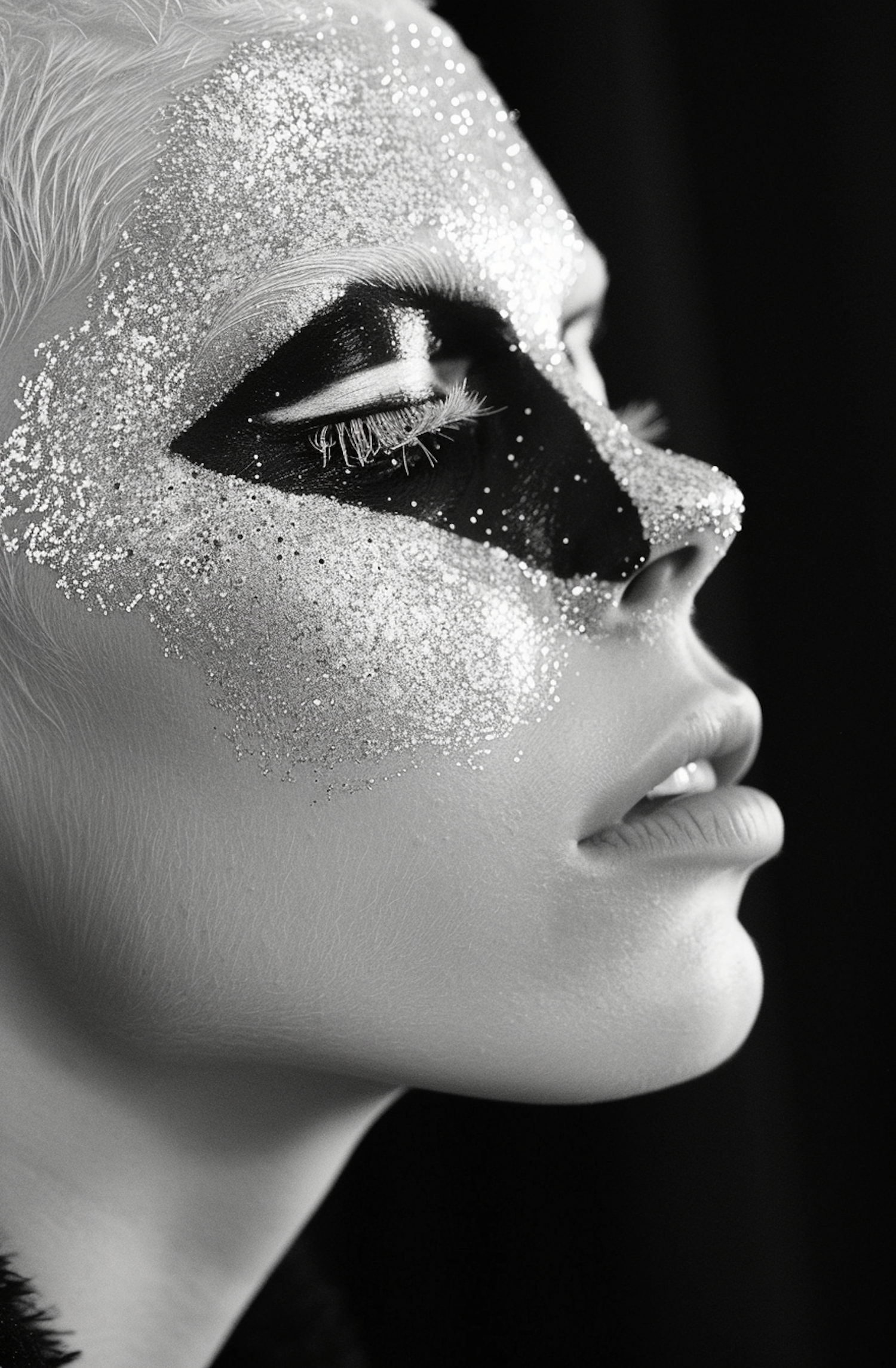 High-Fashion Portrait with Dramatic Makeup and Mask