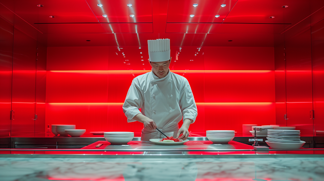 Chef Plating in a Red-Lit Kitchen