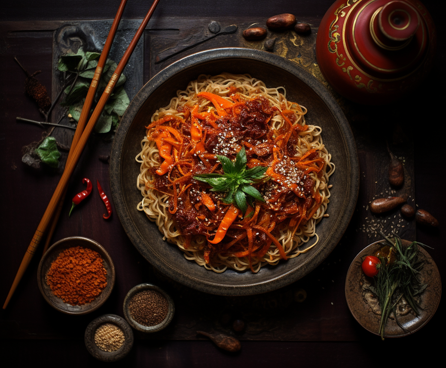 Spicy Asian Noodle Delight with Sesame and Carrot Garnish