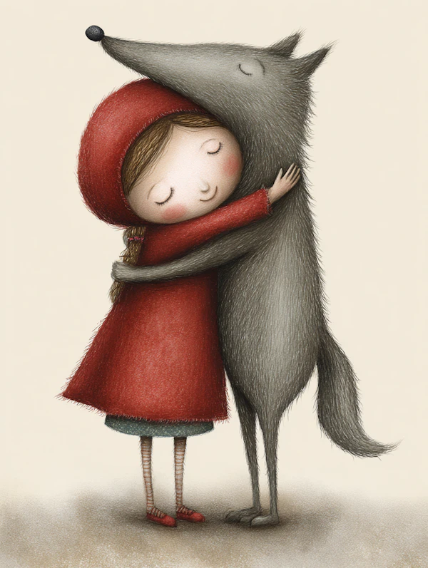 Girl and Wolf Embrace