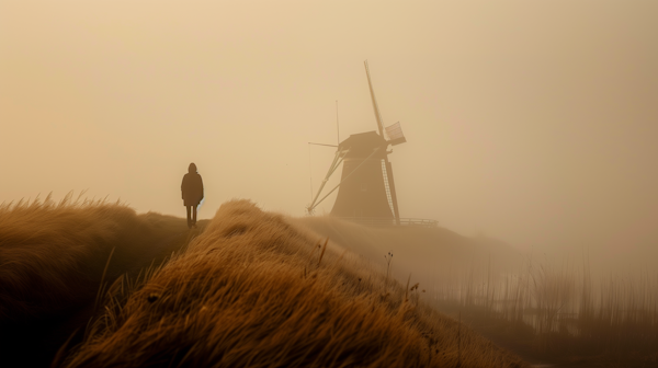 Solitary Figure and Windmill in Fog