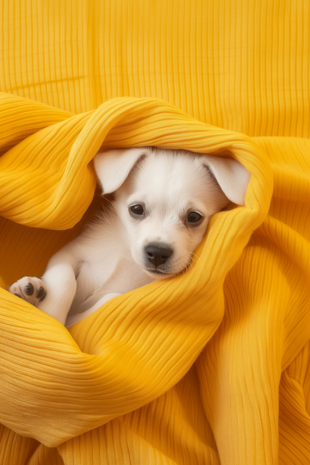 Puppy in Yellow Cocoon