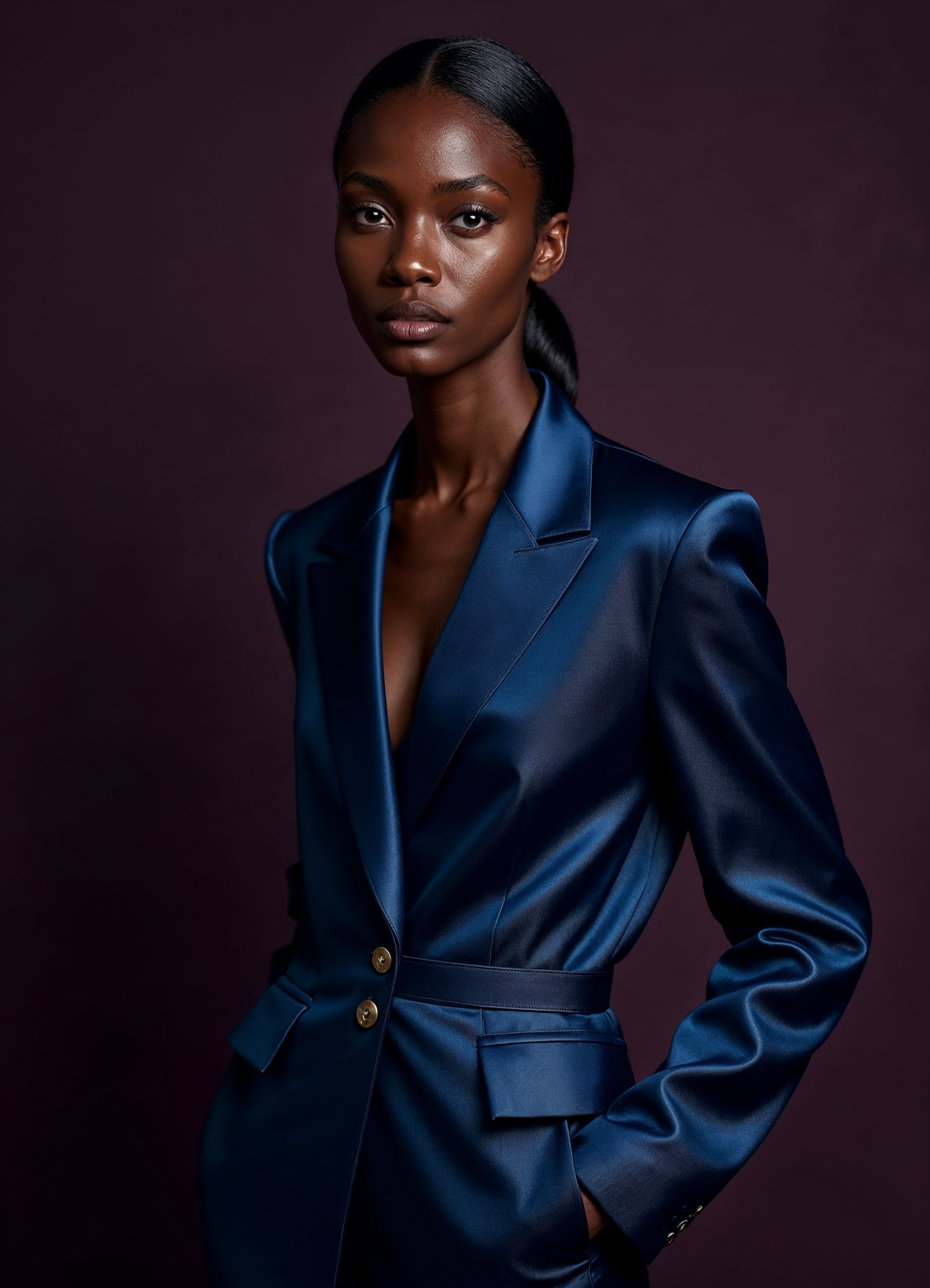 Woman in Blue Satin Blazer