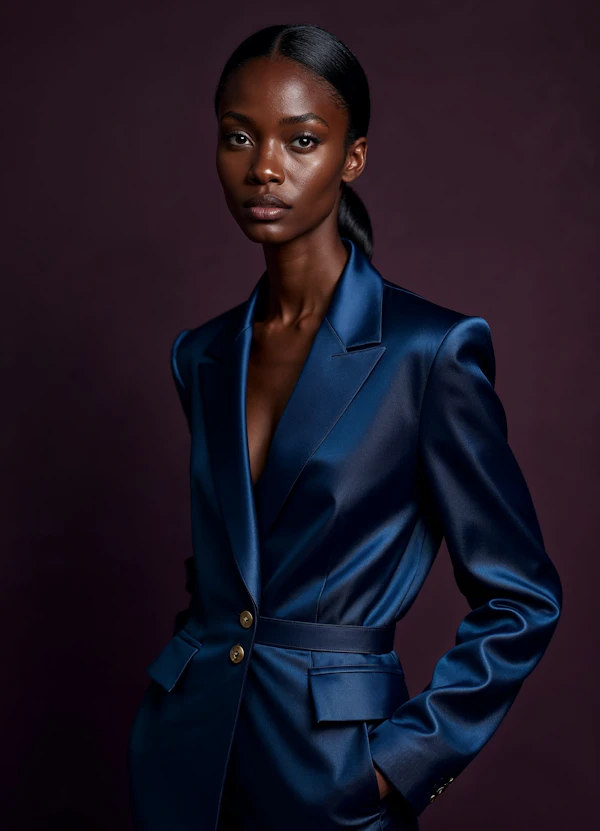 Woman in Blue Satin Blazer