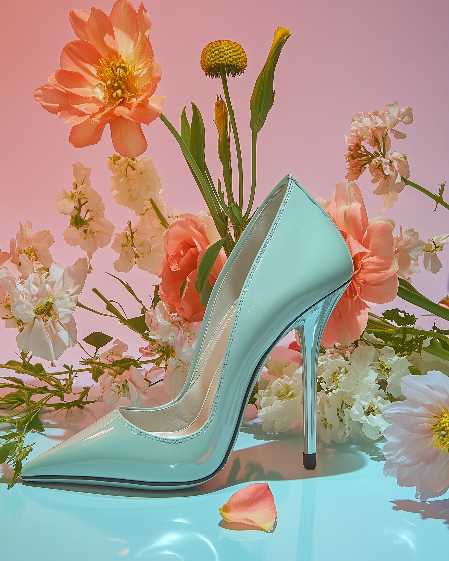 Mint High-Heeled Shoe with Flowers