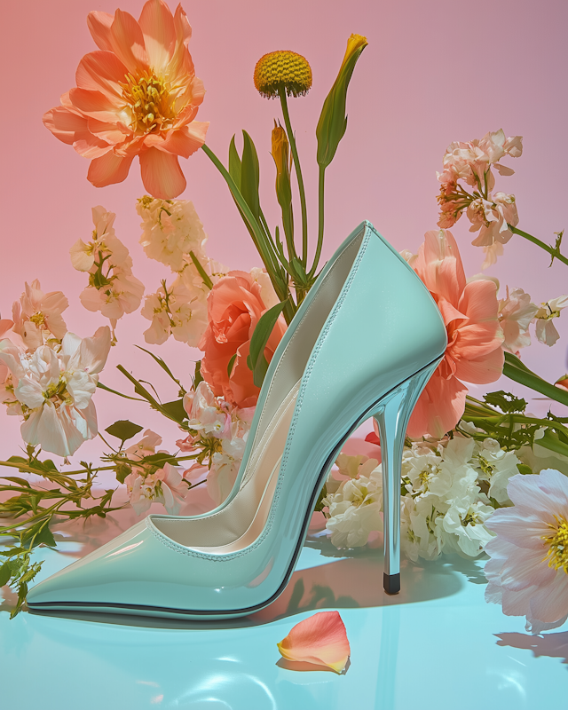 Mint High-Heeled Shoe with Flowers