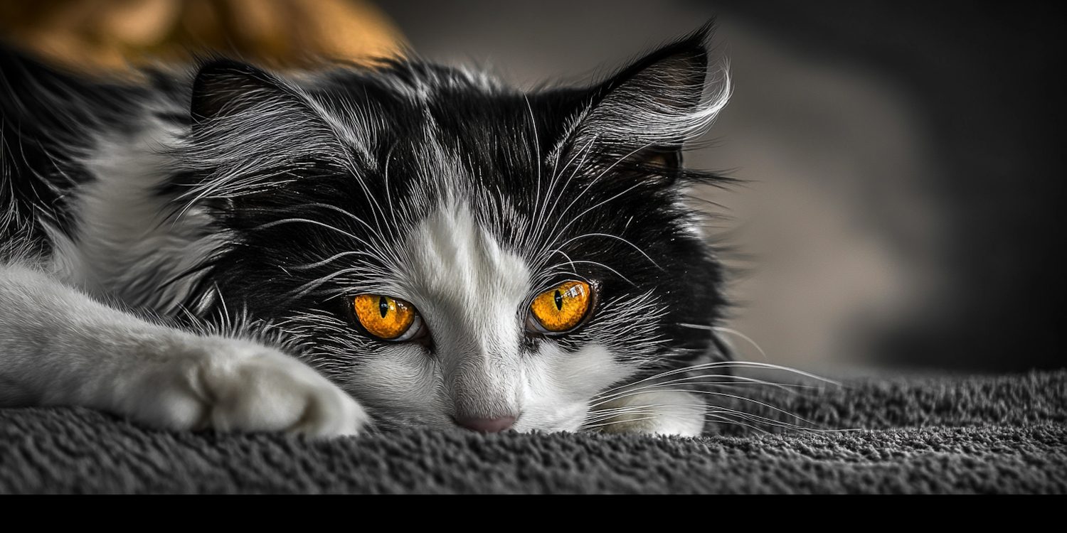 Close-up of Black and White Cat with Amber Eyes