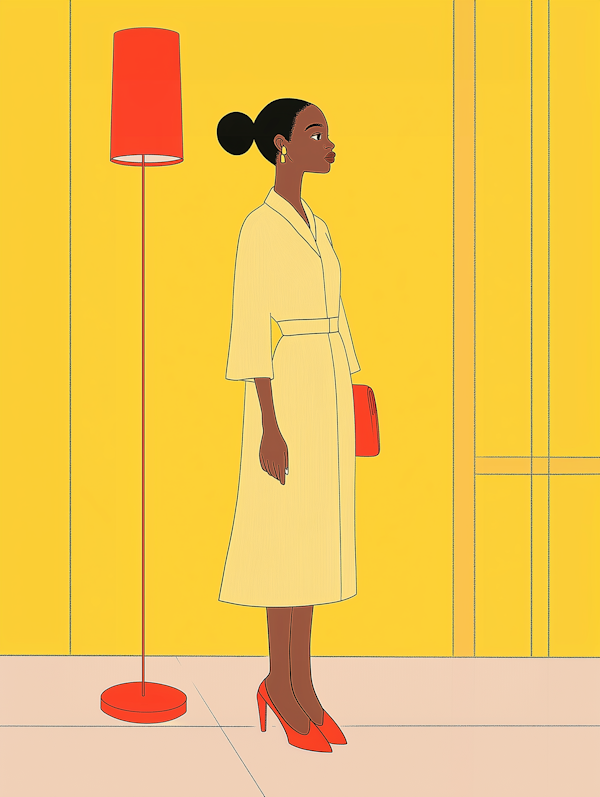 Woman in Yellow Dress with Red Accessories