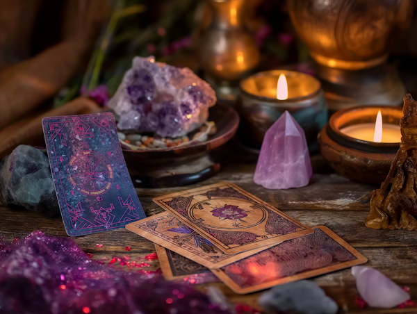 Mystical Tarot Card and Crystal Arrangement