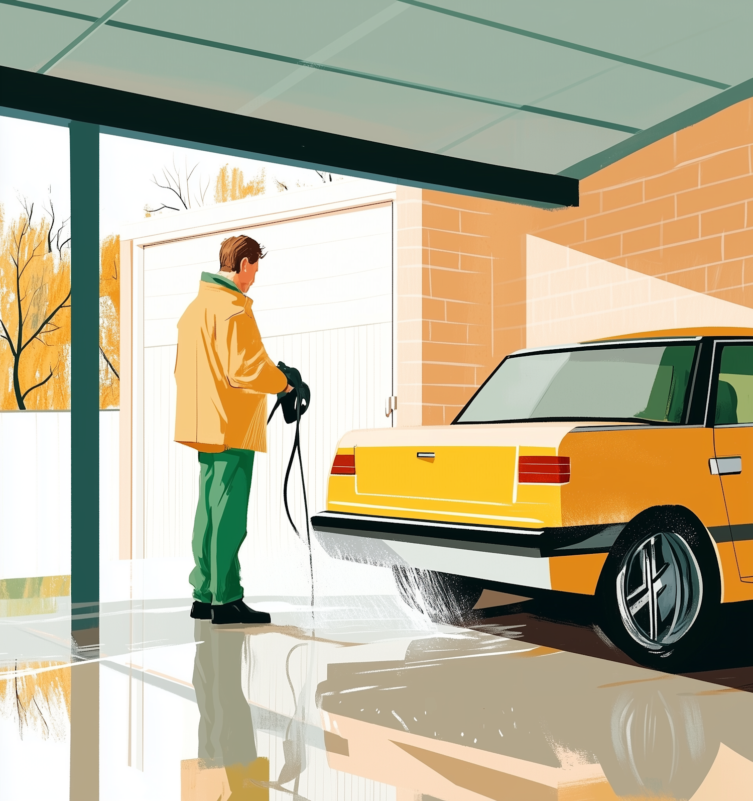 Man Washing Car Illustration