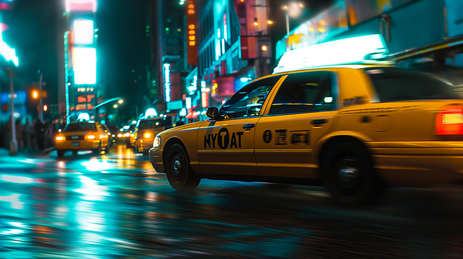 Vibrant New York City Nightlife with Speeding Taxi