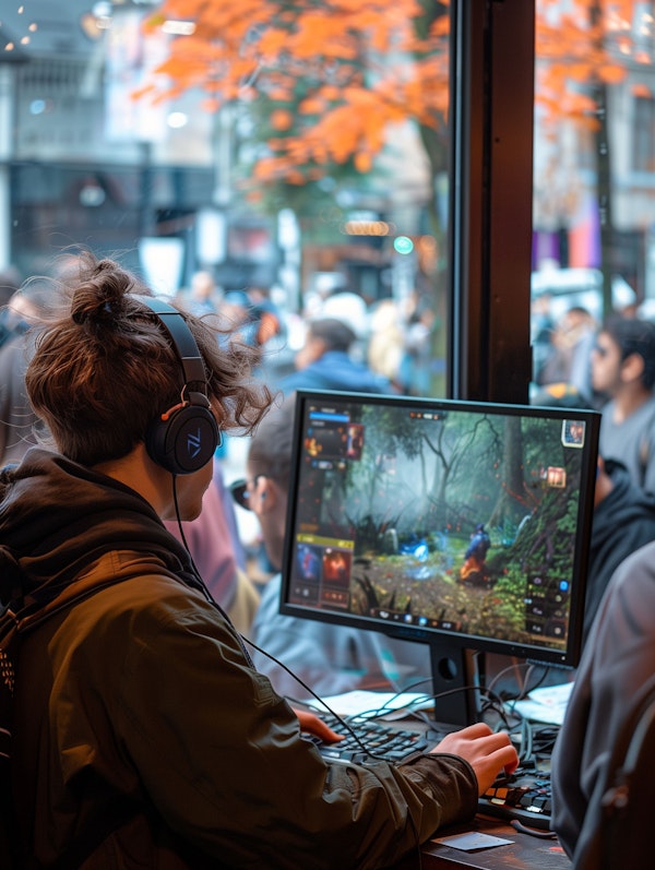 Gamer Engaged in Fantasy Game at Urban Cafe