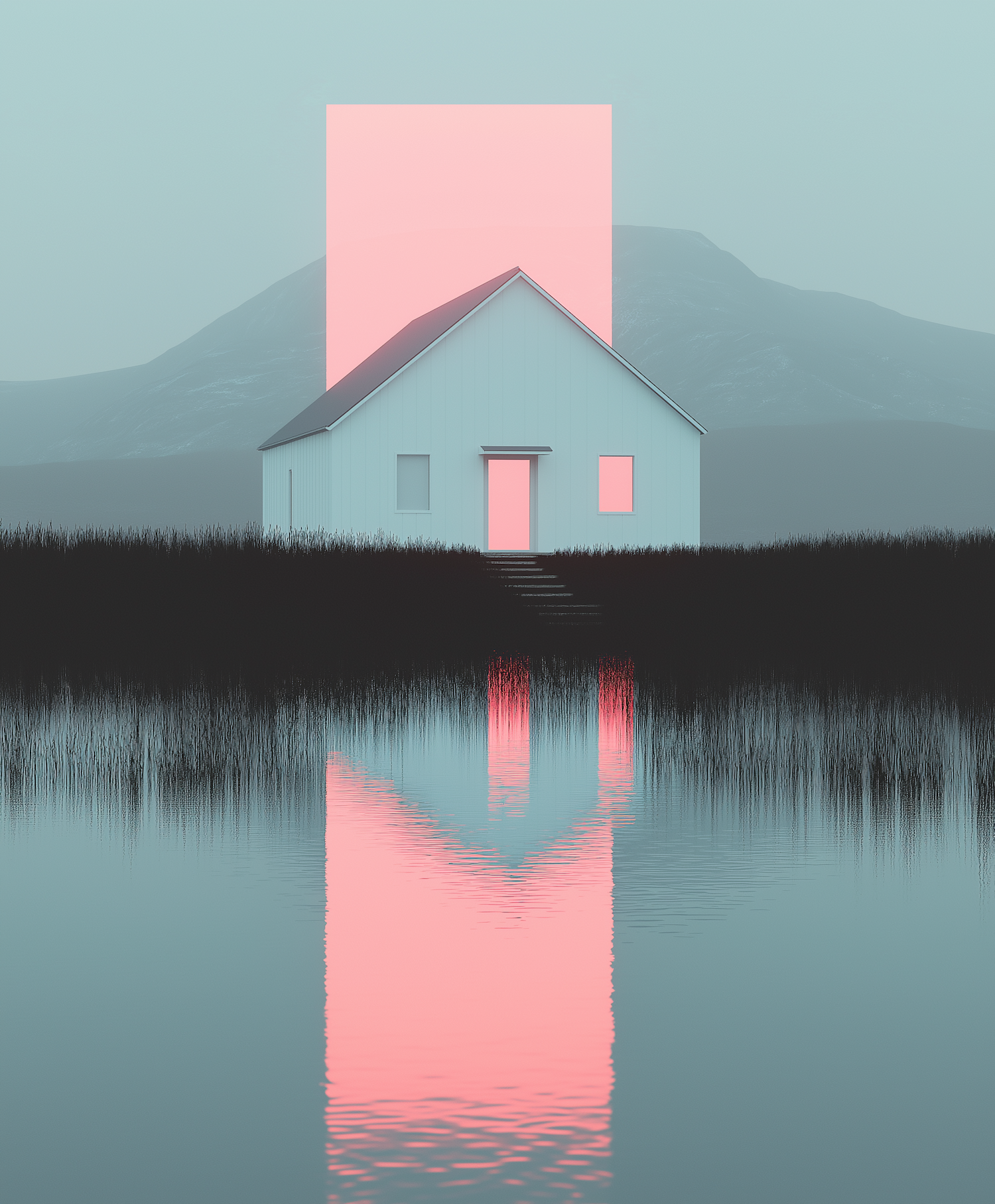 Minimalist House with Pink Rectangle