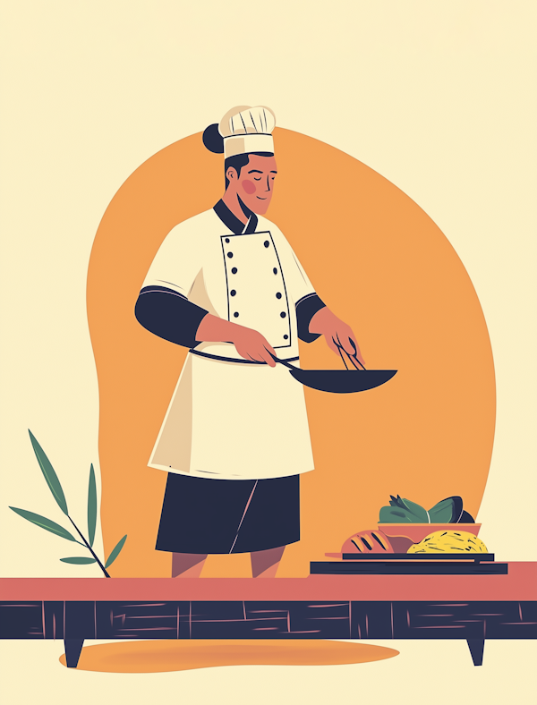 Stylized Illustration of a Professional Chef Cooking