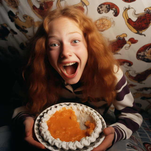 Joyful Redhead Presenting Pumpkin Pie