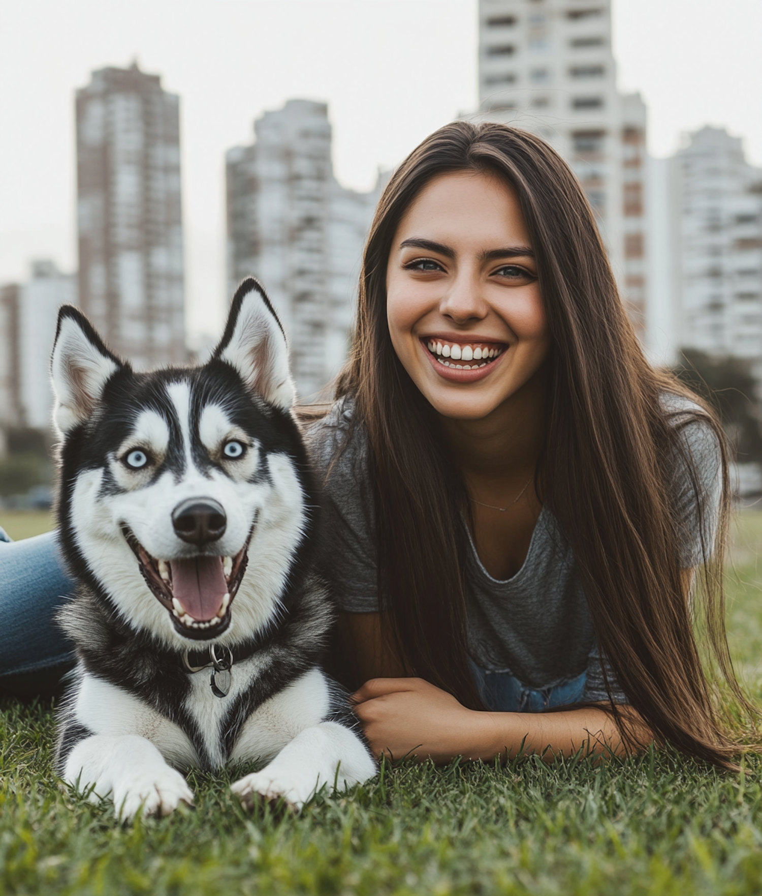 Joyful Woman and Husky in Urban Park