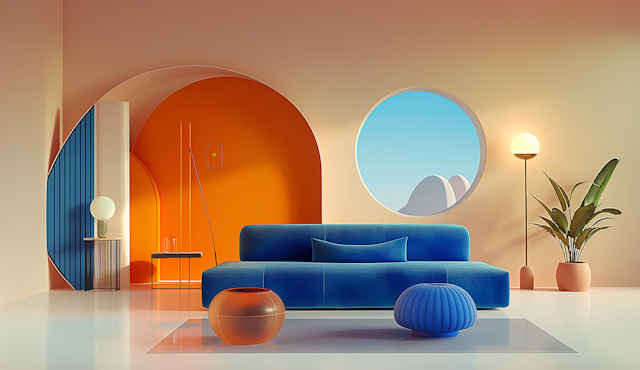 Modern Interior with Blue Sofa and Peach Tones