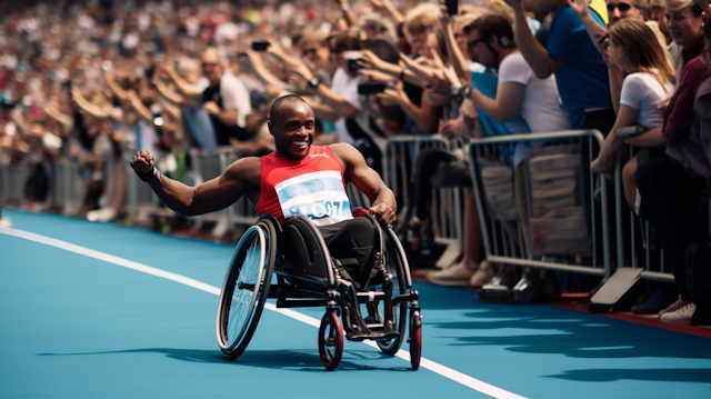 Triumphant Wheelchair Racer Celebrates Victory