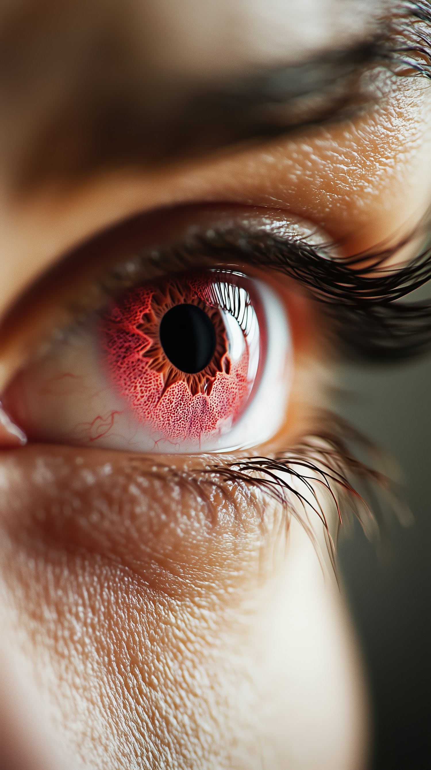 Close-up of a Human Eye with Red Iris