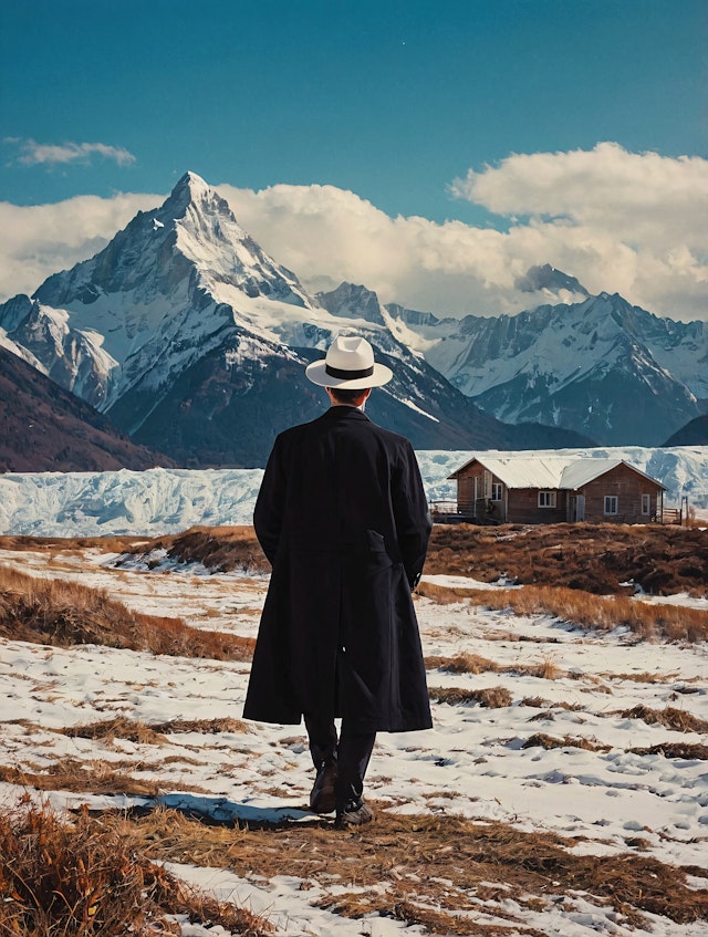 Solitary Figure in Snowy Mountain Landscape