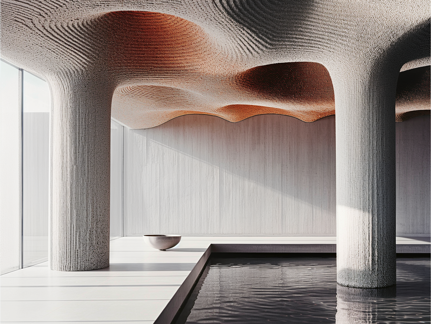 Architectural Interior with Textured Ceiling and Water Feature