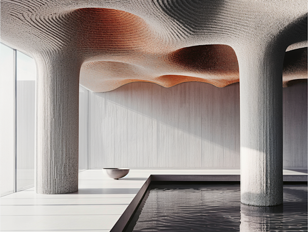 Architectural Interior with Textured Ceiling and Water Feature