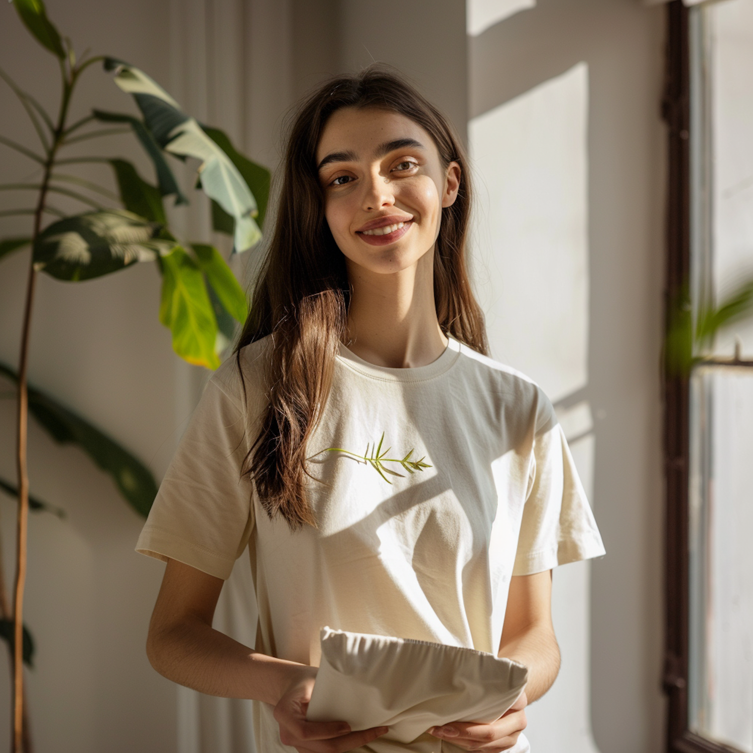 Serene Woman with Green Leaf Design T-shirt