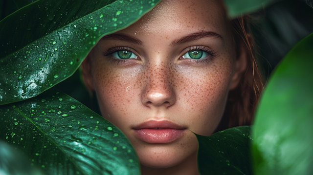 Close-up of Face with Green Leaves