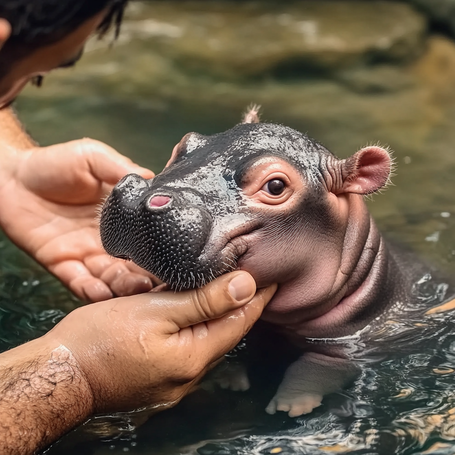 Tender Moment with Baby Hippo