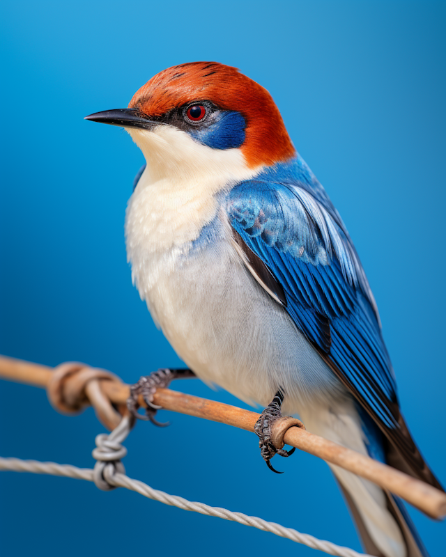 Vivid Perched Bird with Red Forehead and Blue Feathered Backdrop