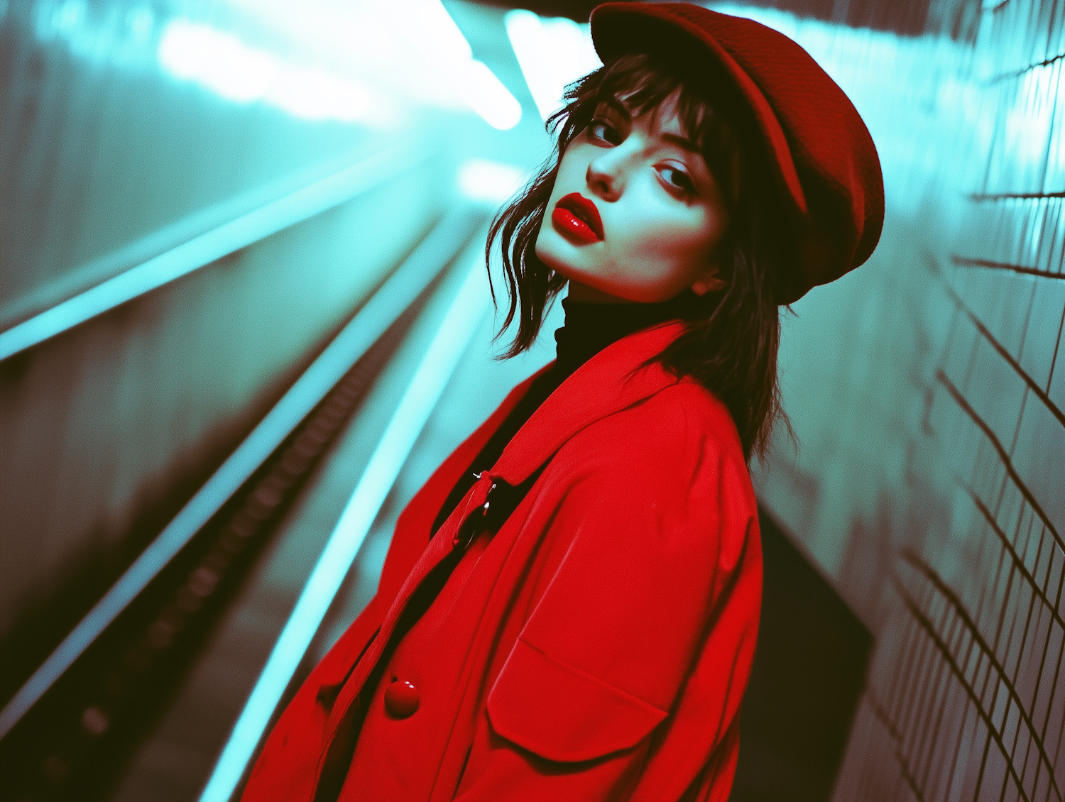 Woman in Red Outfit in Subway Tunnel