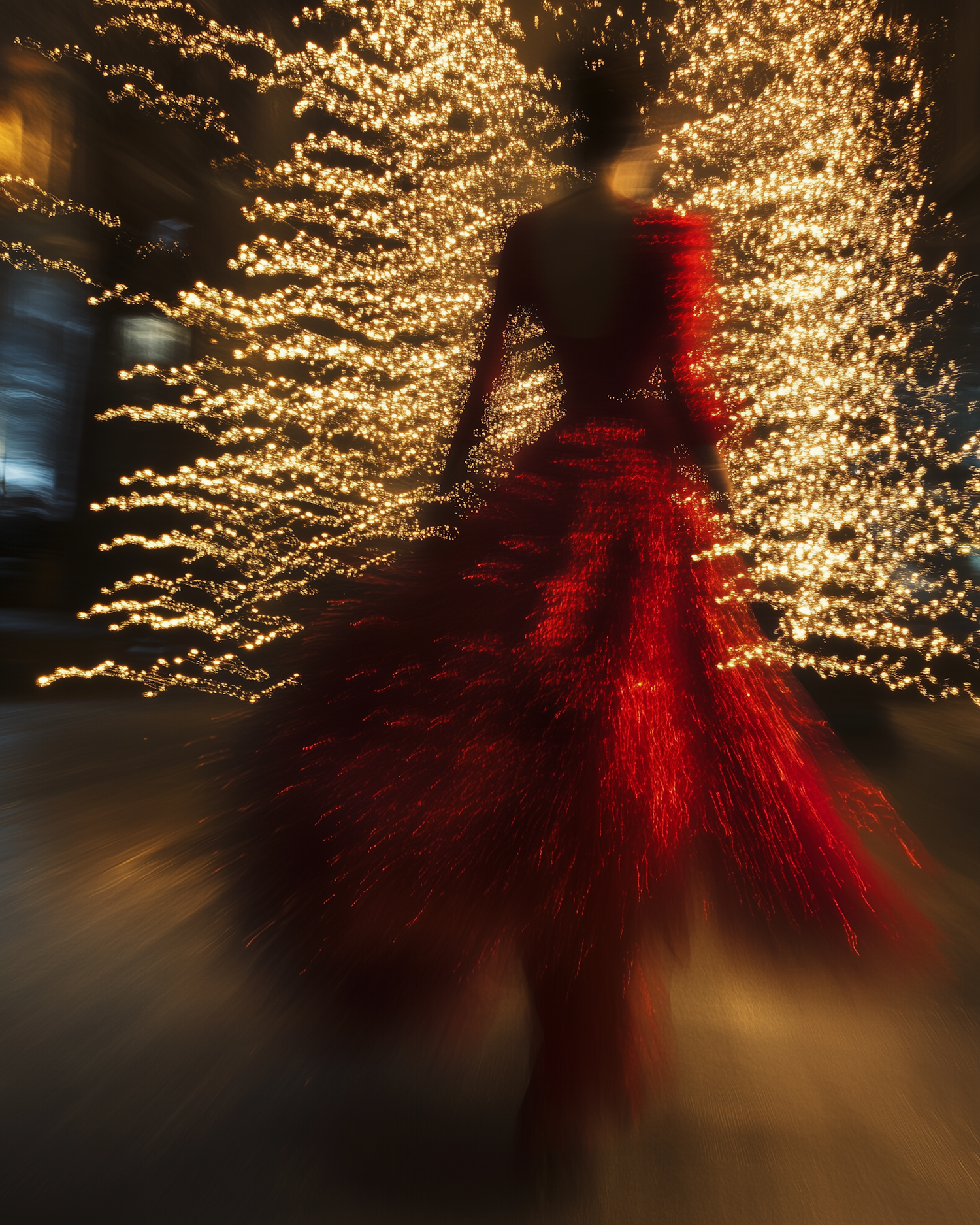 Dynamic Red Dress with Festive Lights