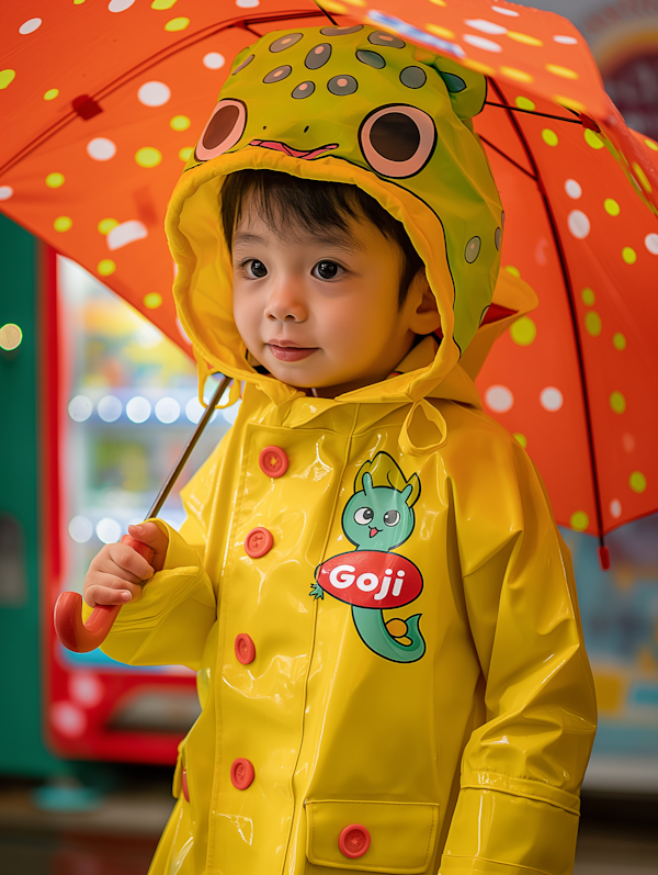 Child in Frog Raincoat with Red Umbrella