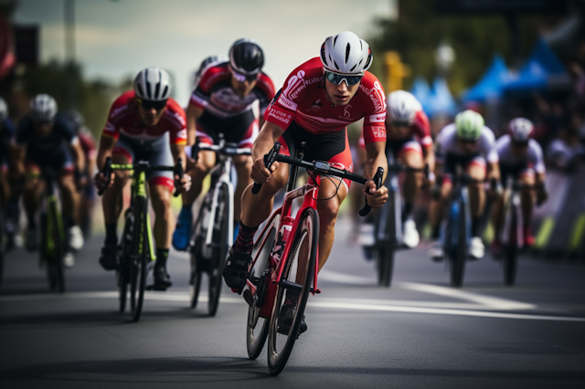 Red Racer's Breakaway in High-Speed Cycling Competition