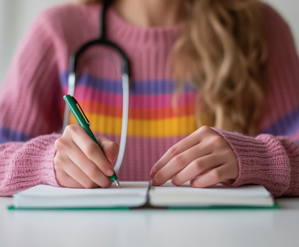 Person Writing in Notebook with Stethoscope