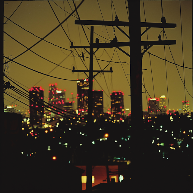 Nocturnal Cityscape with Wooden Poles