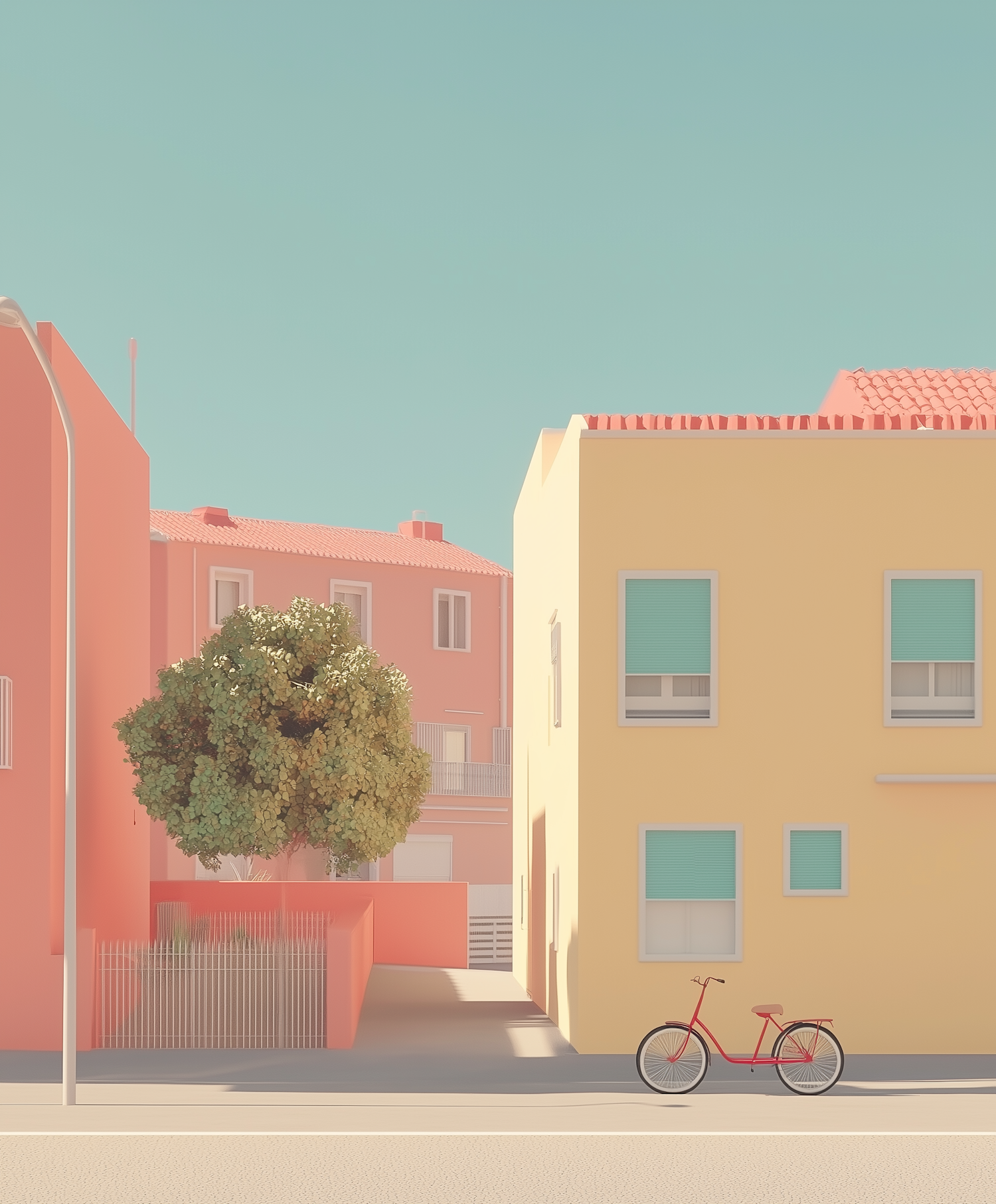 Serene Street Scene with Colorful Houses and Bicycle