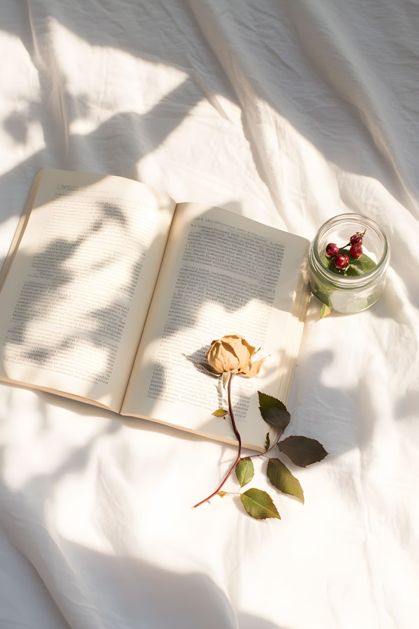 Serene Reading Setup with Dried Rose and Cherries