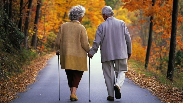 Elderly Couple Walking in Autumn