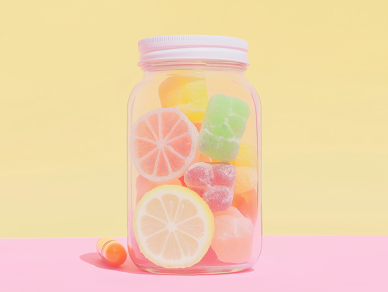 Colorful Fruit-Shaped Candies in Glass Jar