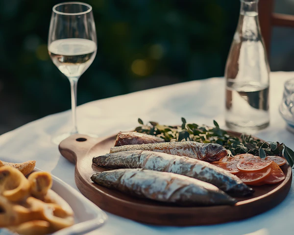 Elegant Meal with Fish and Wine